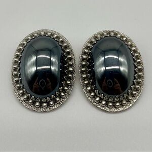 Whiting & Davis Hematite Oval Silver-Tone Beaded Earrings